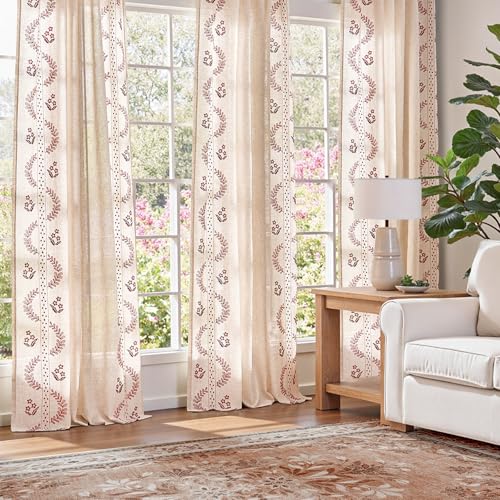 Image of jinchan Floral Linen Curtains 63 Inch Farmhouse Back Tab 2 Panels