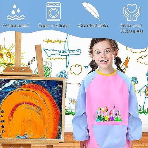 Culinavog 2 Delantales Infantiles Impermeables Con Manga Larga Y Bolsillos – Rosa Y Azul – Para Pintar, Cocinar Y Manualidades De 3 A 8 Años