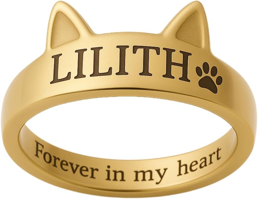 Custom Cat/Dog Name Ring, 925 Sterling Silver Personalized Pet Memorial Jewelry Paw Print Statement Ring with Inside Engraving