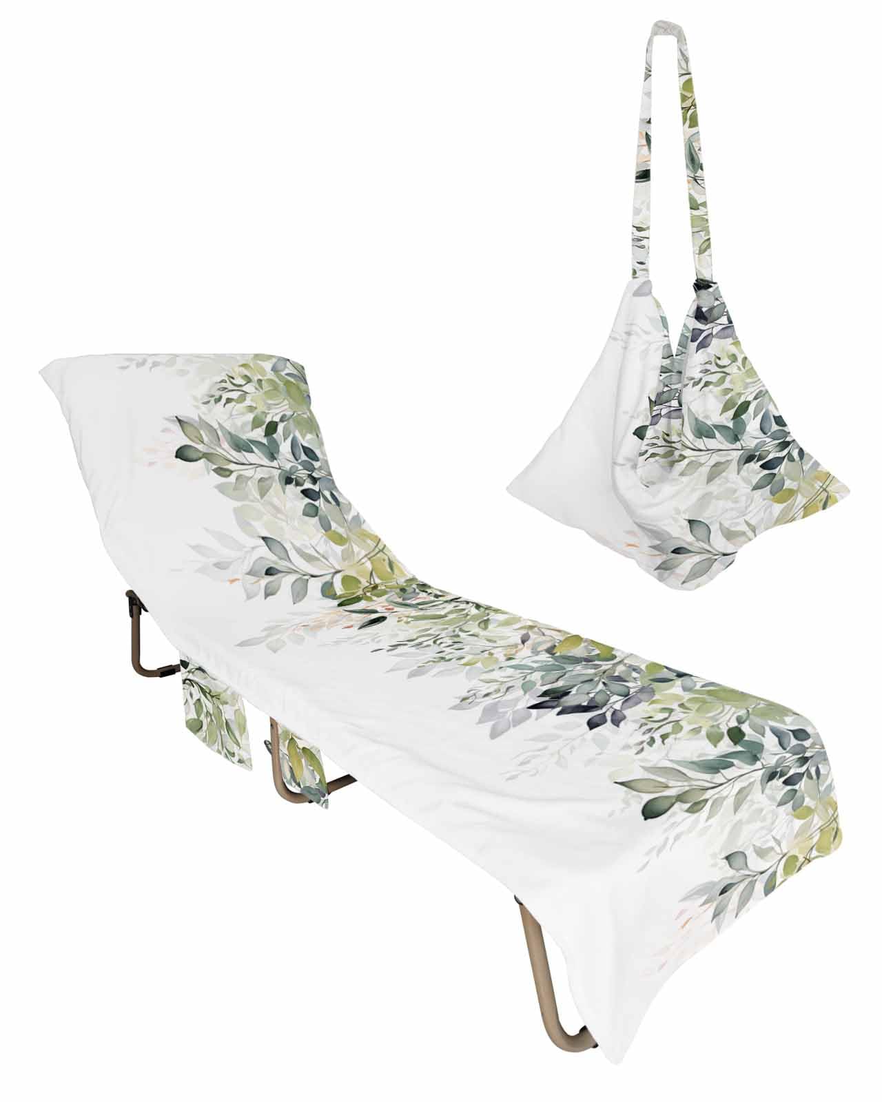 Beach Pool Patio Lounge Chaise Chair Cover Towel with Pockets,Eucalyptus Leaves Absorbent & Quick Dry Microfiber Towel Cover Bag Summer Travel Accessories Spring Watercolor Plant Simple White