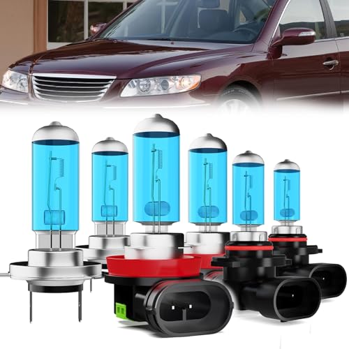 Image of Headlight Bulbs Compatible With Hyundai Azera 2007-2010, H7 High Beam + H11 Low Beam + 9006 Fog Lights Halogen Light Bulb Combo, Super Bright 6000K White, Plug and Play, Pack of 6