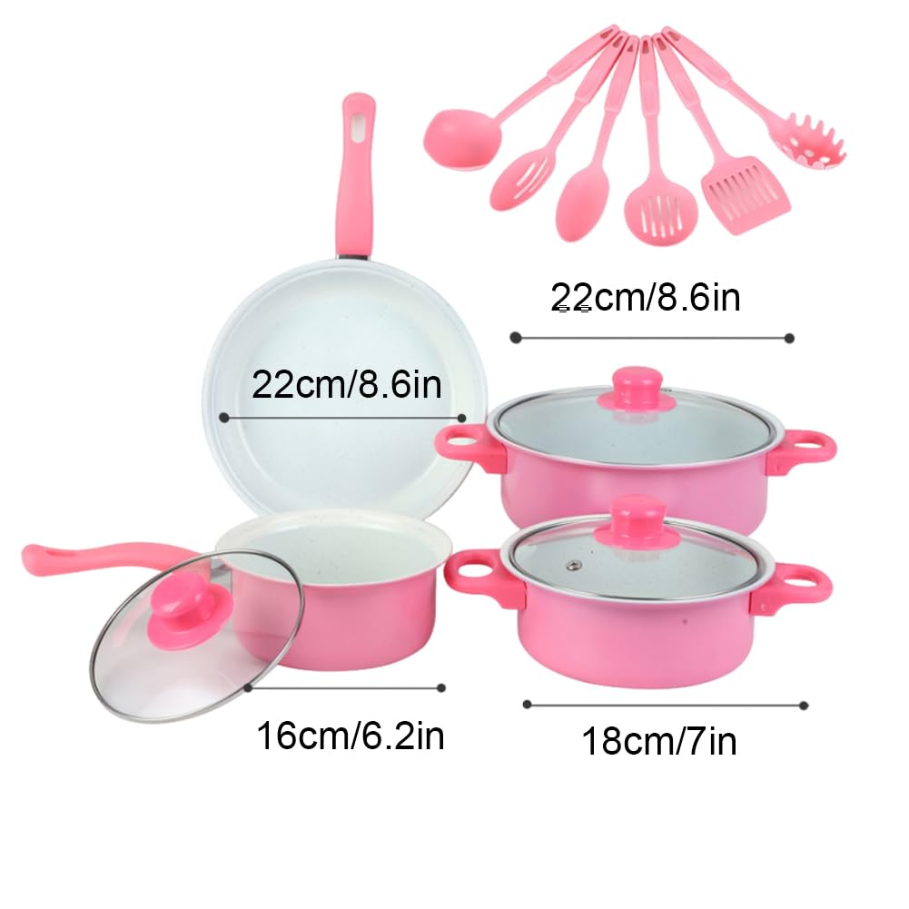Juego de 12 utensilios de cocina antiadherentes con tapa para todo tipo de fuegos (rosa)