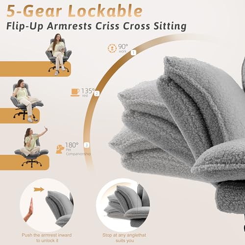 Image of Office Chair,Big and Tall Heavy-Duty Executive Reclining Computer Gaming Chair with Footrest,Flip Armrests,Lumbar Pillow&Thicken Wider Seat for Criss Cross Legged Desk Vanity Chair,Teddy Fabric Grey