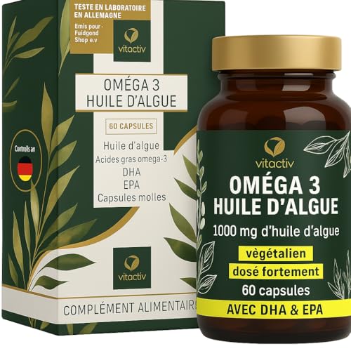 VITACTIV Omega 3 Lot de 60 gélules d'huile d'algues – Marines Omega 3 végétalien – Hautement dosées avec 1000 mg d'huile de micro-algues par dose...