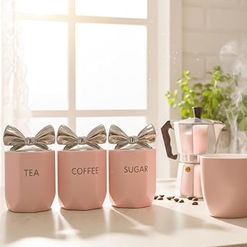 BML Pink Ceramic Tea Coffee Sugar Canister Set with Silver Bow Lids Airtight Kitchen Storage Jars for Kitchen Countertop Décor Accessories