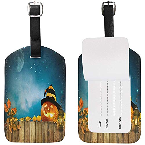 Preisvergleich Produktbild Halloween Kürbis Laterne auf Holzzaun Kofferanhänger für Reisegepäck Koffer Tasche Label Leder 2 Stück