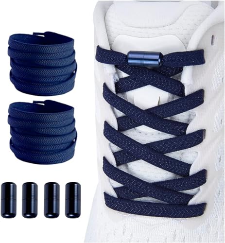 Shecret 2 Pares Cordones Elásticos Sin Nudo, Planos Con Cápsula de Metal, Ajustables Para Zapatillas de Niños y Adultos, Azul Marino