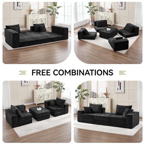 Image of 79 inch Boneless Loveseat Sofa Couch, Modular Foldable Floor Cloud Sofa with Ottoman, Lounge Convertible Sofa Bed for Living Room, No Assembly, Chenille Black