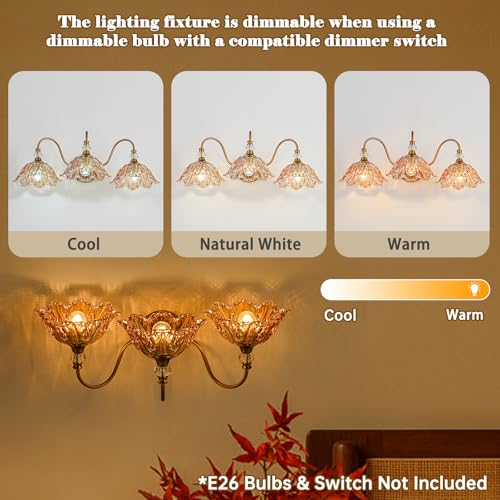 Image of Vintage Bathroom Vanity Light, 3-Light Matte Brass Finish Vanity Light with Flower-Shaped Amber Glass Shades, Retro Wall Sconce for Bathroom, Dressing Table