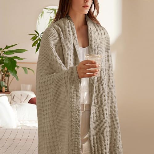 Image of PHF 100% Cotton Waffle Throw Blanket for Couch, Lightweight Breathable and Soft for Summer, Luxury Aesthetic Waffle Weave Blanket for Home Decor & Office, Gifts for Women, 50 inchx60 inch, Taupe