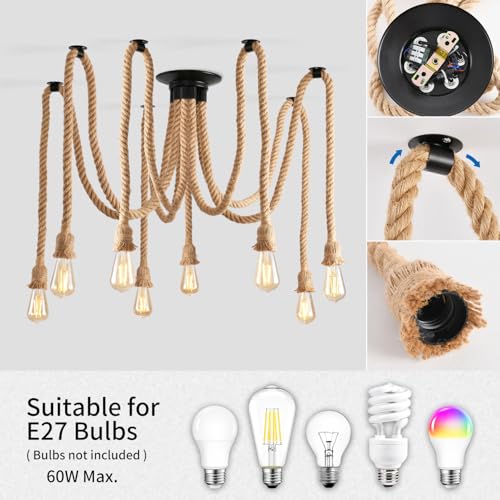 ANWIO Hanfseil Deckenlampe Pendelleuchte 8 Flammig, Spinne Kronleuchter, Hanfseil DIY Deckenleuchte Küche, Retro Hängelampe, Seil Pendellampe E27 für Speisesaal Schlafzimmer Wohnzimmer Esszimmer Hotel