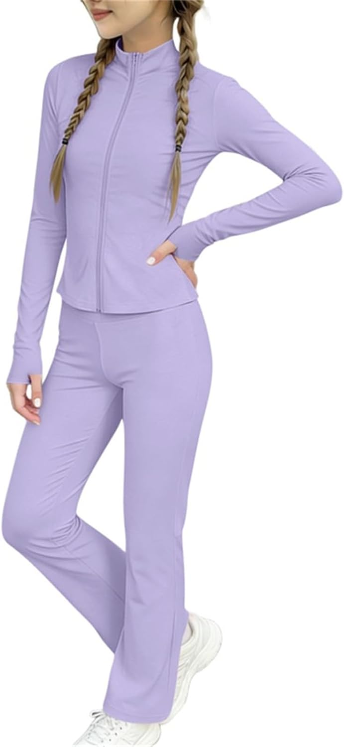 Girls Zip Up Yoga Sweatsuit Sets Stretch Flare Leggings Athletic Two Piece Outfits for 3-15 Years