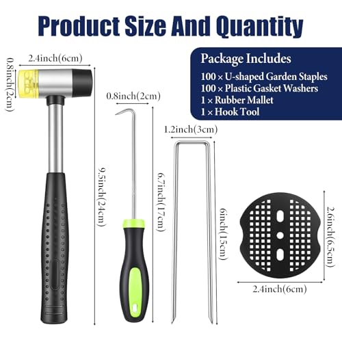 100Pcs Landscape Fabric Stakes + 100Pcs Gaske + 1Pcs Pick Hook+1Pcs Rubber Mallet, Garden Stakes Staples 6 inch, 11 Gauge U Shaped Galvanized Landscape Pins Heavy Duty for Gardening Landscaping - Thumbnail 2