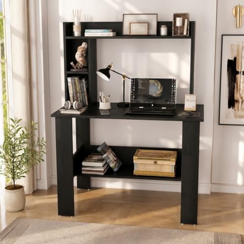 Image of SPYDER CRAFT Modern Daisy Engineered Wood Study Table with Storage Shelf | Clean Minimalist Computer Desk for Home, Office, & Bedroom | Durable & Easy to Clean (Black) (Assembly DIY)