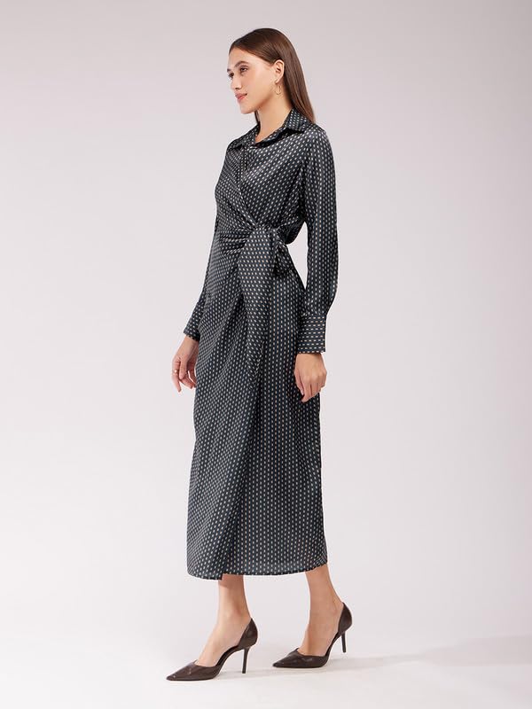 Image of FableStreet Women's Casual Shirt Collar Printed Polyester Midi Dress