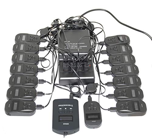 EXMAX EXD-101 Sistema de guía de audio inalámbrico 2.4GHz con 9999 canales para traducción en iglesia, recepción corporativa o gubernamental - 1 transmisor, 15 receptores y base de carga USB de 16 puertos