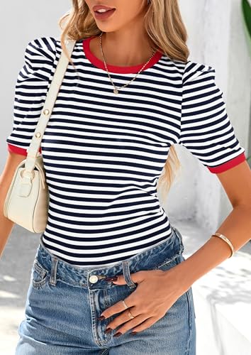 PRETTYGARDEN Women's Summer Puff Sleeve Tops Casual Ribbed Knit Crop Top Color Block Trendy Crewneck Striped Shirts4