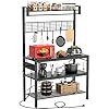Bakers Rack with Power Outlet, 4-Tier Microwave Oven Stand, Coffee Bar Station with 10 Hooks, Large Kitchen Storage Shelf with Hutch, Black Bakers Rack with Power Outlet, 4-Tier Microwave Oven Stand, Coffee Bar Station with 10 Hooks, Large Kitchen Storage Shelf with Hutch, Black