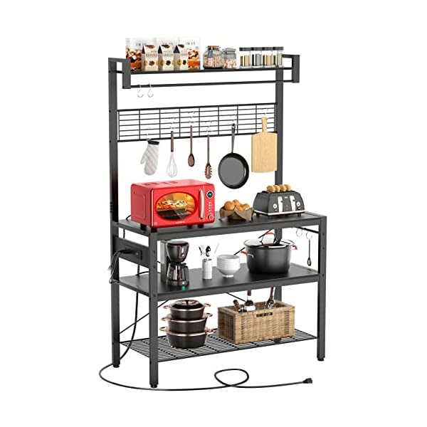 Bakers Rack with Power Outlet, 4-Tier Microwave Oven Stand, Coffee Bar Station with 10 Hooks, Large Kitchen Storage Shelf with Hutch, Black
