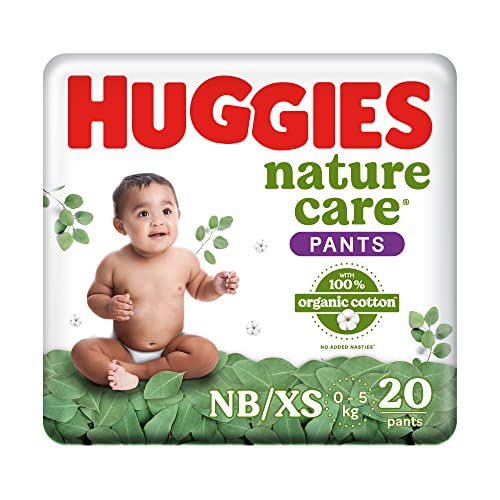 Huggies Nature Care Pants, New Born/Extra Small Size (Upto 5 kgs) Premium Baby Diaper Pants, 20 Count, Made with 100% Organic Cotton
