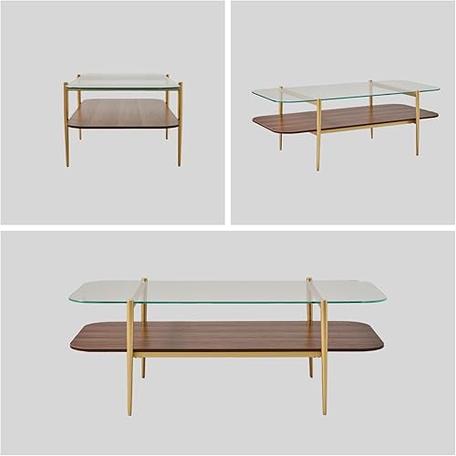 Miniatura 17 de Saint Mossi Tadio - Mesa de centro de vidrio de doble capa para sala de estar, estante inferior de MDF marrón y café Vidrio marrón y marrón