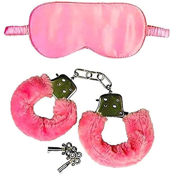 LEROKAS Pink Plush Handcuffs and Satin Sleep Mask Set, Soft Fuzzy Cuffs with Metal Keys