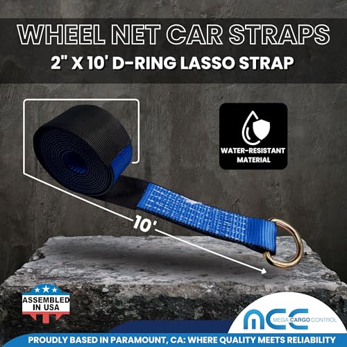 Image of Mega Cargo Control 4 Set 2 inch x 10' Wheel Lift D Ring Lasso Strap w / (4) 2 inch Ratchet, (4) Flat Snap Hook, (4) Lasso Winch Sleeve Protector - (Gift) | Ratchet Winch Tow Truck Hauling (Blue)