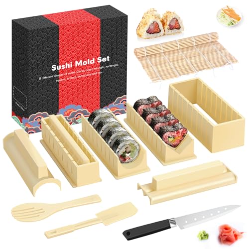 HI NINGER Sushi Making Kit Deluxe Edition Heart Sushi Mold Press with 8 Sushi Rice Roll Mold Shapes 1 Fork 1 Spatula 1 Sushi Knife, Complete Sushi Maker Kit 12PCS DIY Home Sushi Tool