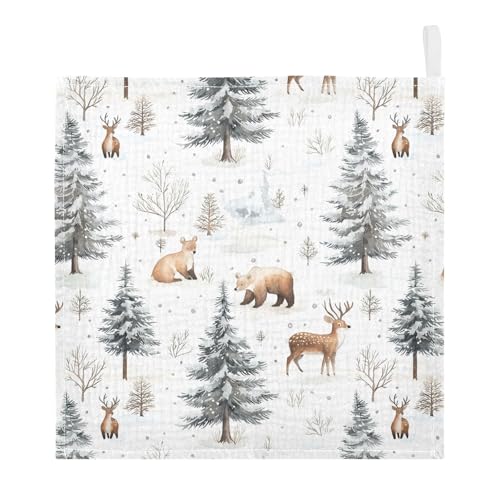 Image of vvfelixl Baby Muslin Washcloths Winter Deer Bear Baby Burp Cloths Cotton Babys Face Towel for Infants Soft 11.8 X 11.8 in, 3 Pack
