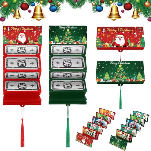 FOSDICK 4 Pièces Carte Noel Porte Billet, Idee Carte Cadeau Noel d'Argent, Carte Porte Billet noel, Pliable Christmas Card pour billets de Banque, Coupons, Tickets (Rouge, Vert)