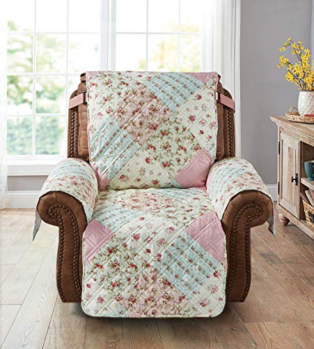 Brilliant Sunshine Pink And Green Rose Patchwork Quilted Large Recliner Slipcover, 28" Seat Width, Slip Resistant Furniture Protector, 2" Strap, Washable Reclining Chair Cover For Kids,Dogs,Pink Green #TOP1