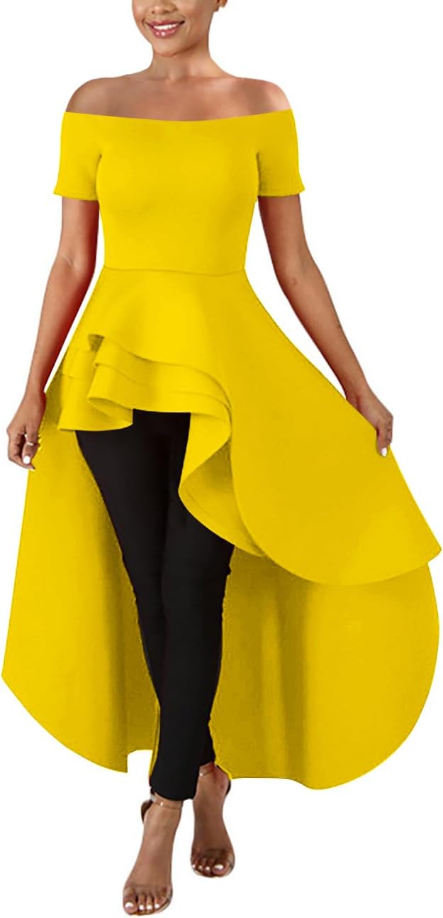 Lrady Womens Off Shoulder Tops High Low Short Sleeve Ruffle Peplum Tunic Party Blouse Casual Shirt Dress - Image 5