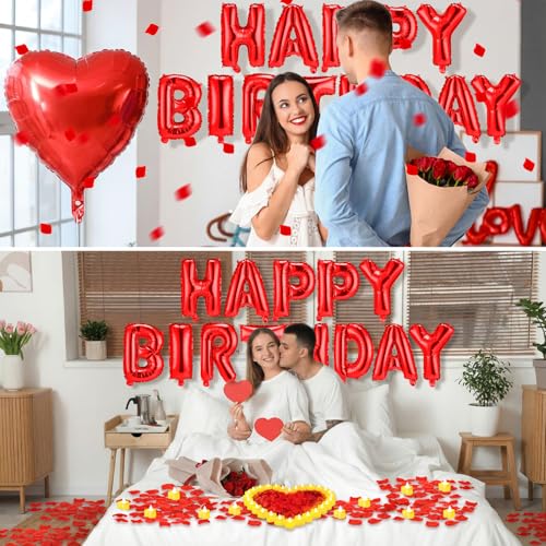 Image of Red Happy Birthday Balloons Decorations Happy Birthday Letter Balloons Banner Set with 24pcs Heart Flameless LED Candles and 2000pcs Artificial Rose Petals for Women Men Room Party Decor
