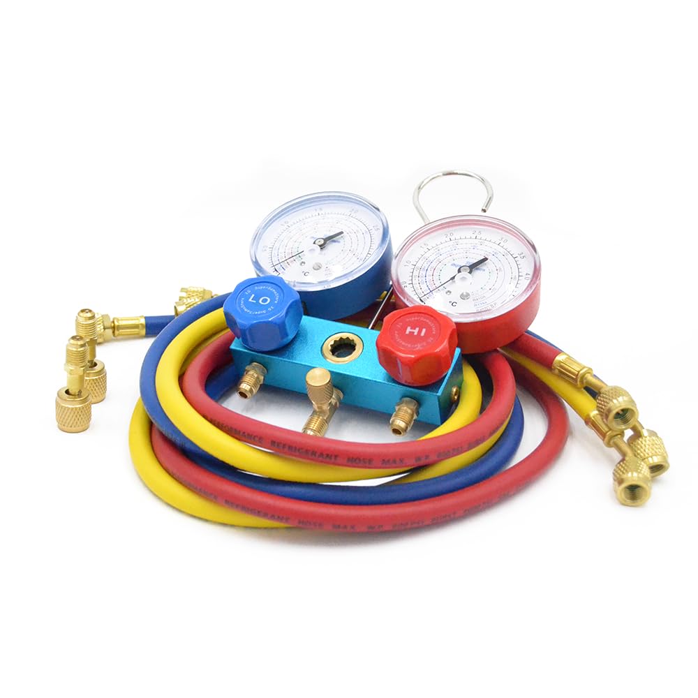 3S SuperSamaStore 2-Wege-Manometer-Satz im Koffer, Klimaanlagen-Manometer-Set für die Kältemittel R32, R410A, R407C, R134a, mit 3 Schläuchen (150 cm) mit 1/4" SAE-Anschlüssen und 2 5/16"-Adaptern