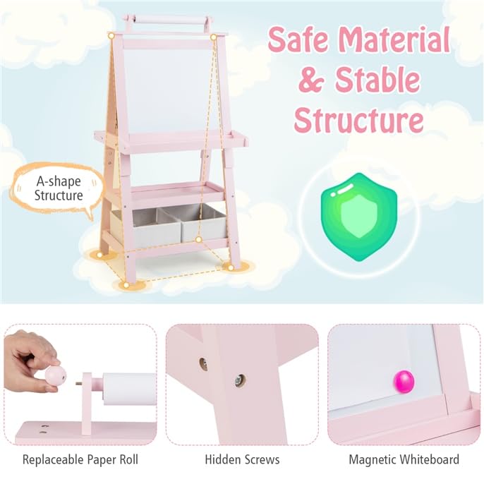 Image of GLACER All-in-One Double Sided Painting Easel for Kids with 2 Storage Bins, Paper Roll, Magnetic Whiteboard & Chalkboard, Gift for Boys & Girls (Pink)