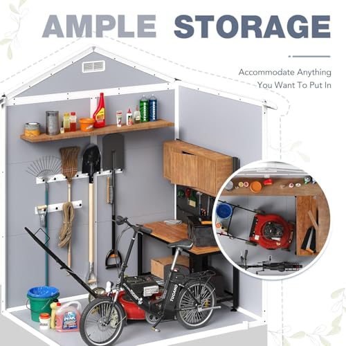 Image of Devoko 6 x 4 FT Plastic Outdoor Storage Shed with Floor, Resin Garden Shed with Window, Outside Waterproof Tool Shed with Lockable Door for Backyard, Patio, Poolside, Light Grey