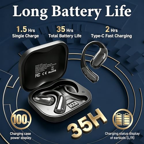 Image of Open-Ear Headphones, Wireless Headphones with Smart Digital Display, Smart Mic, 35H Playtime, Sweat Resistant & Waterproof, Secure Comfortable Fit - Running, Sport, Driving, Outdoor, Daily Use (Black) | (Black) Open Ear Earbuds 35H Playtime, Sweat Resistant & Waterproof, Secure Comfortable Fit - Running, Sport, Driving, Daily