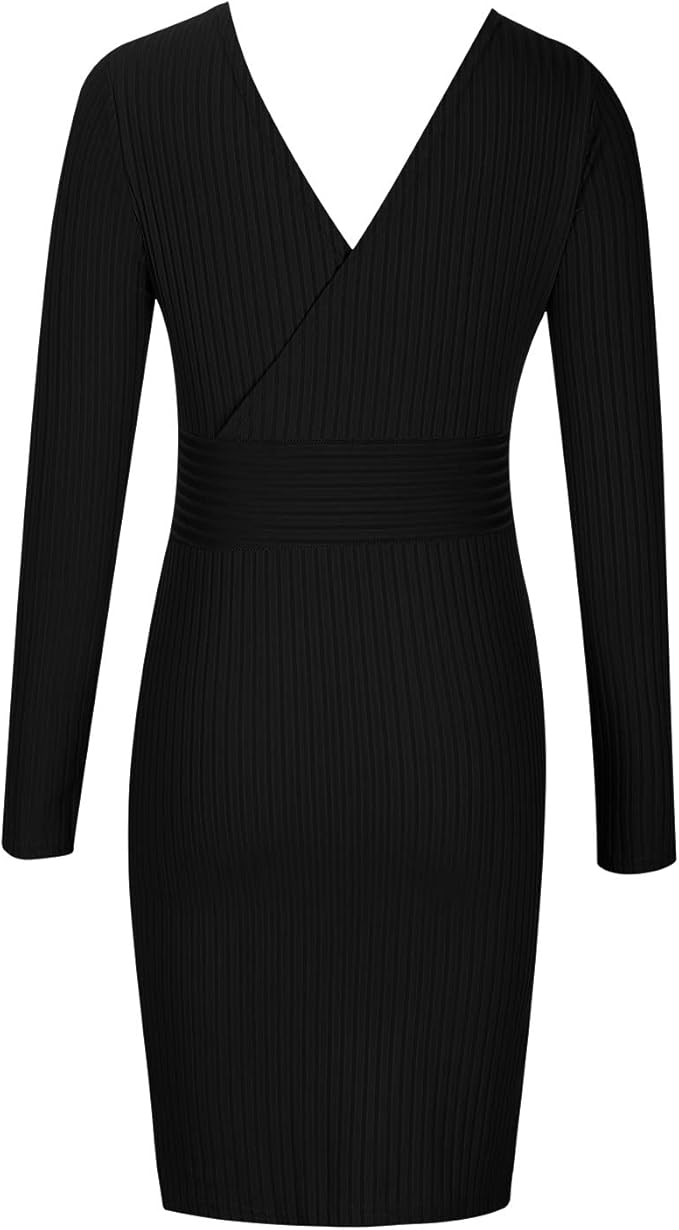 AMhomely Women's Summer Casual Beach Dresses V Neck Knitting High Waist Long Sleeve Dress Ruched Stretchy Bodycon T Shirt Wrap Mini Dress Ribbed Slim Fit Ruched Stretchy Party Club Short Mini Dress