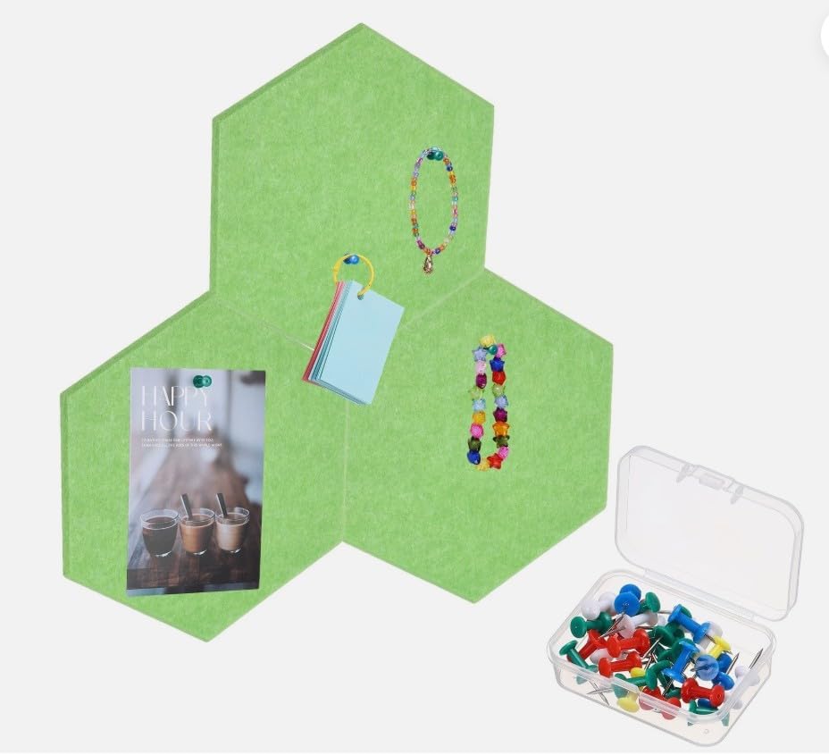 3Pcs Self Adhesive Hexagon Felt Cork Board Tiles with 30 Push Pins, Light Green