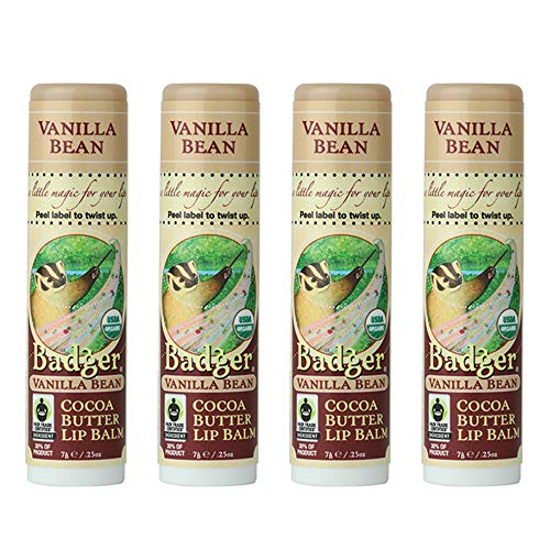 Badger - Cocoa Butter Lip Balm, Vanilla Bean, Certified Organic Lip Balm, Fair Trade, Natural Lip Balm, Lip Butter, Lip Balm Cocoa Butter, Cocoa Care Lip Balm, 0.25 oz (4 Pack)