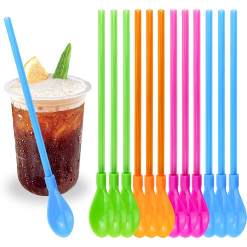 12 Pièces Cuillère Paille Reutilisable 2 en 1, Paille Reutilisable Paille Smoothie, Paille Bubble Tea Pailles Reutilisable Parfait pour Smoothies Laits Frappés Cocktail Café