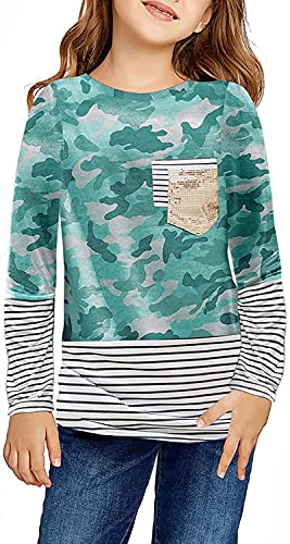 Image of Girls Casual Long Sleeve Color Block Pullover Top Stripe Button Crewneck Loose Tunic T-Shirts Blouse Size 4-13 Year