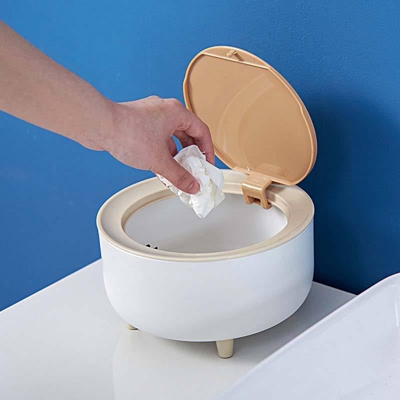 Image of Mini Portable Tabletop Dustbin, Mini Trash Can with Lid - Wastebasket for Bathroom Vanity, Desktop, Tabletop-Round(Square Press - White) (off white)
