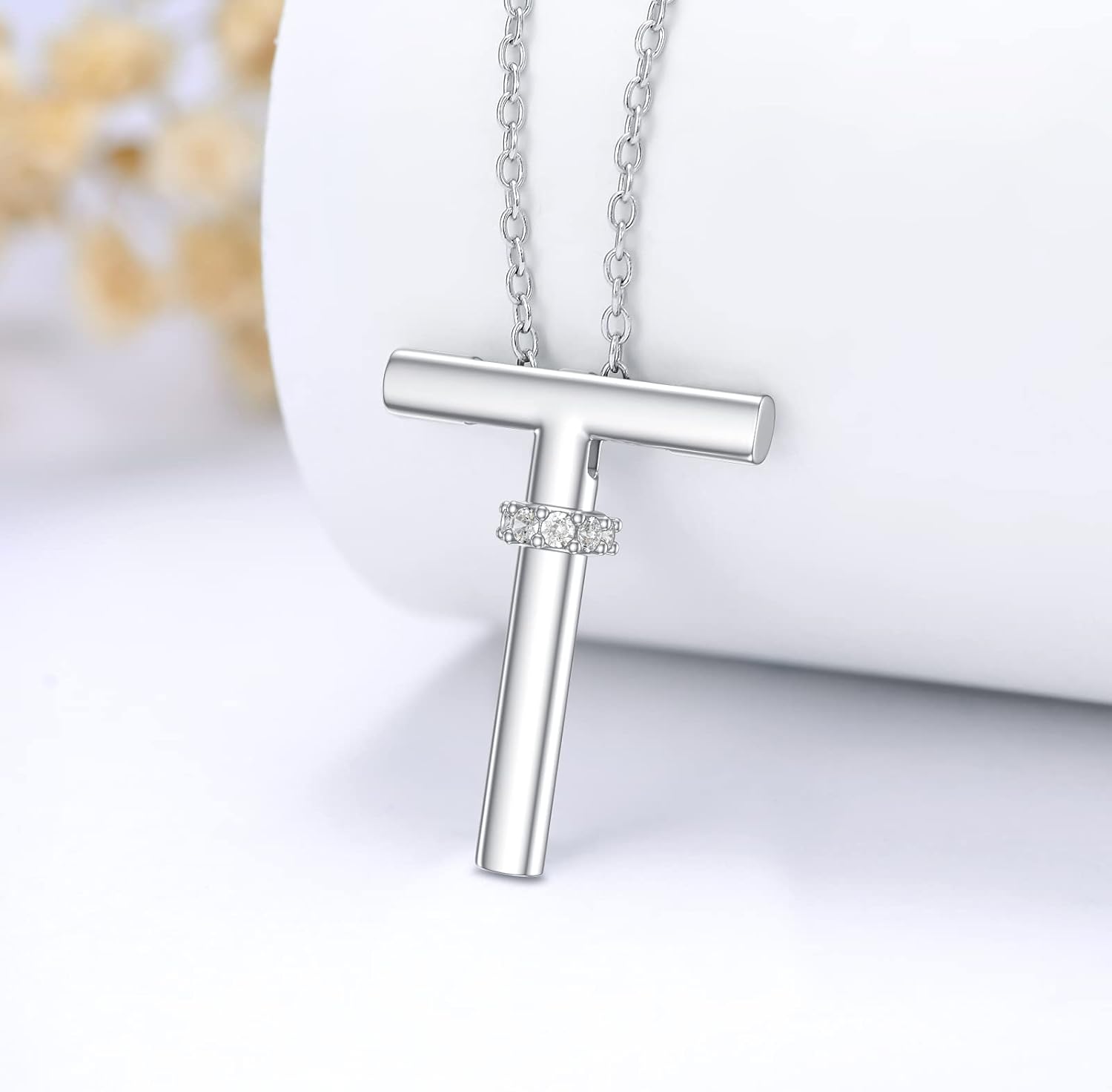 Natural Diamond Initial Necklace 14K White Gold Plated A-Z Letter Alphabet Pendant 925 Sterling Silver Jewelry Gift for Women Wife Mom Girl