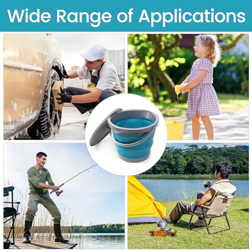 Faltbarer Eimer 5L, Falteimer Angeln Kleiner Eimer mit Deckel Blau Putzeimer Faltbar Silikon Angeleimer Tragbarer Wassereimer für Autowäsche Camping Angeln Reinigung