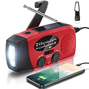 AOKBON Draagbare zonne-radio, noodradio, weer, 2000 mAh, zwengelradio met AM/FM/NOAA radio, dynamo, IPX3, telefoonopladen met led-zaklamp, SOS-alarm, USB-kabel voor wandelen, kamperen