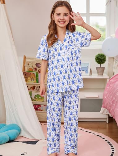 SWOMOG Girls Pajamas Button Down 2PCS Kids Pajama Set Cute Toddler Sleepwear Short Sleeve with Long Pants4