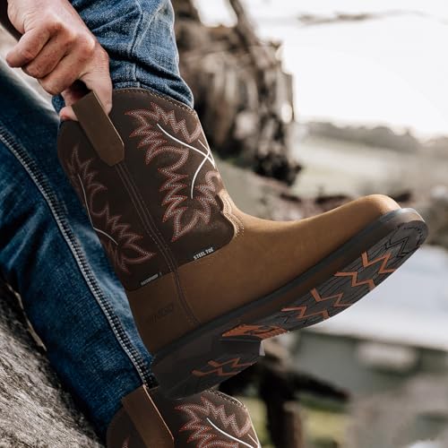 Image of NINGO Mens Steel Toe Work Boots, Waterproof Square Toe Cowboy Boots for Men, Mens Slip on Safety Boots with Full-grain Leather, Oil Slip Resistant, EH Protection for Construction, Farming