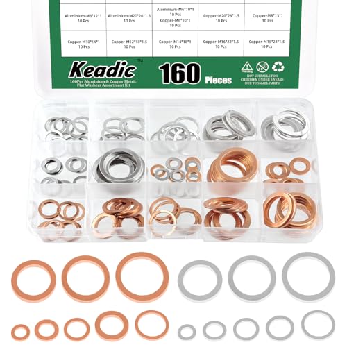 Keadic Lot de 160 bouchons de vidange d'huile de 16 tailles, ensemble de joints plats en cuivre et aluminium pour piste et moto, M6 M8 M10 M12 M14 M16 M18 M20