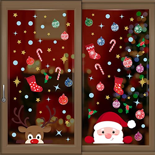 WALPLUS Christmas Window Stickers Clings Xmas Decoration Sale Clearance Reusable Double-Sided Print Decals for Glass Living Room Windows Display Xmas with Rudolph and Santa 92 Pieces